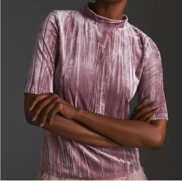 PILCRO Velveteen Mock Neck Short Sleeve Pink Top | Small - Picture 1 of 7